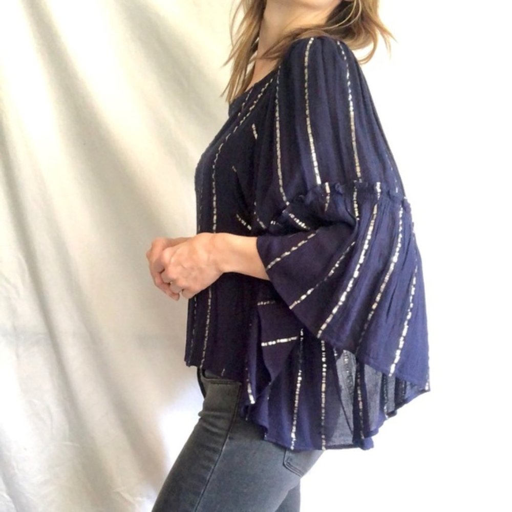 Anthropologie women's navy bell sleeve silver embellished crop blouse dressy